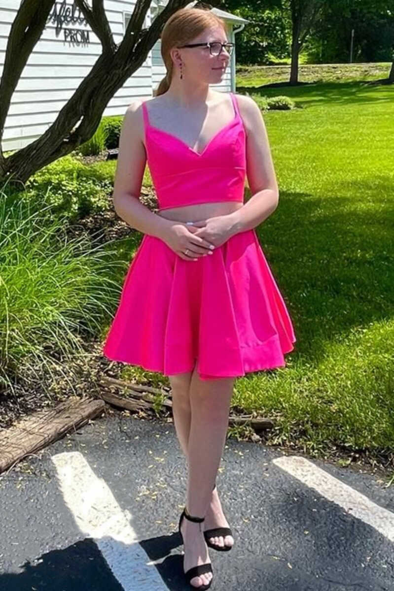 Two-Piece Neon Pink V-Neck A-Line Short Homecoming Dress