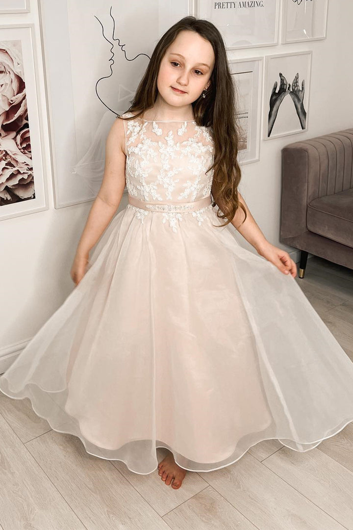 Ivory Bateau Appliques A-Line Flower Girl Dress