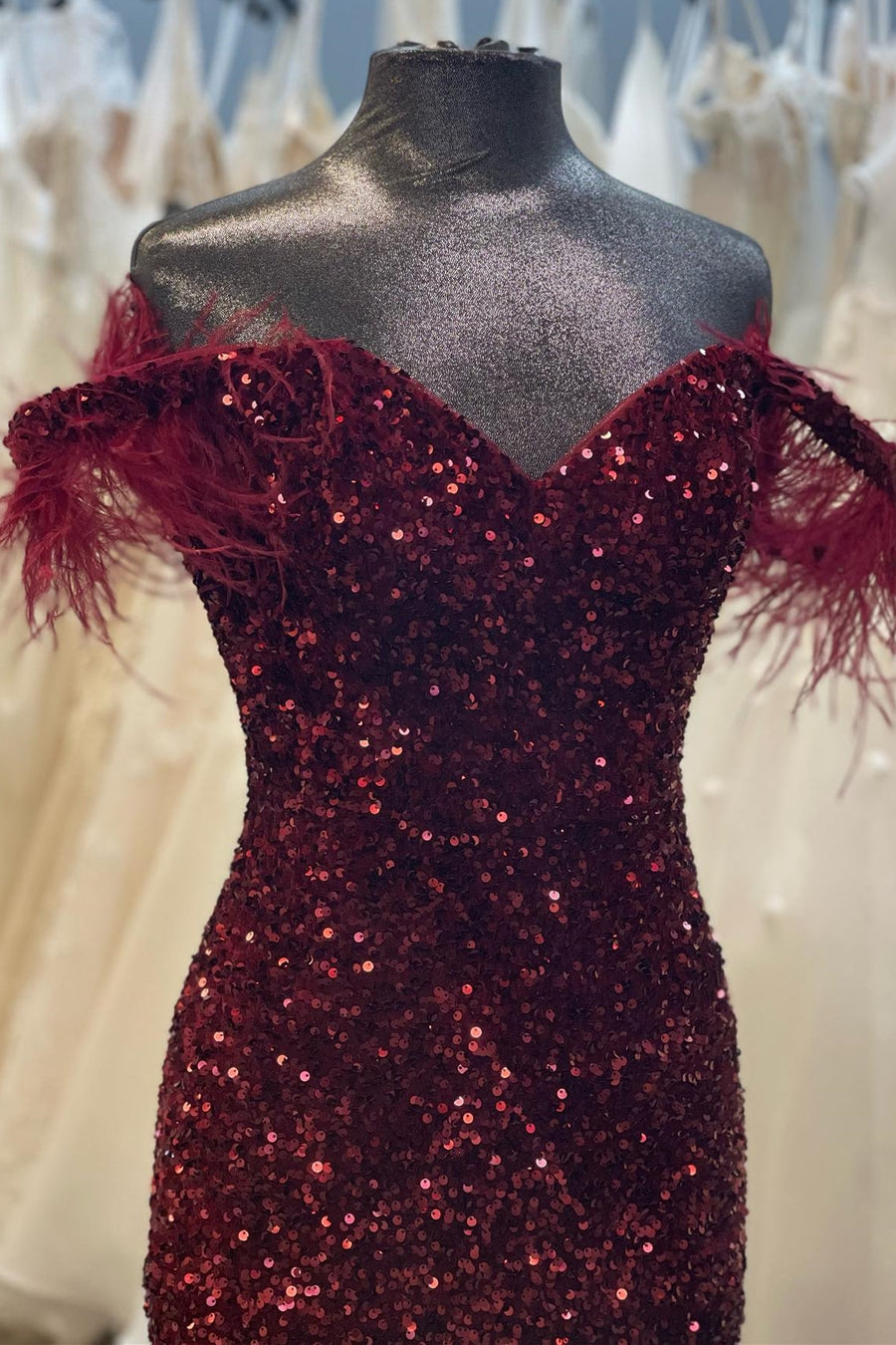 Wine Red Sequin Feather Straps Mermaid Long Prom Dress