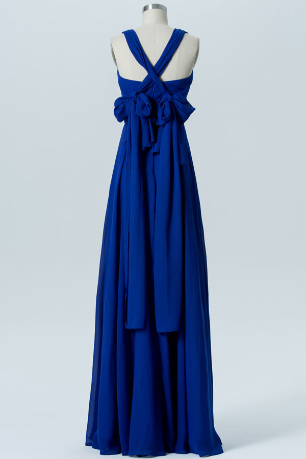 Royal Blue Chiffon Tying Back Banded Waist Bridesmaid Dress