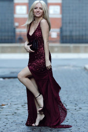 Burgundy Sequin V-Neck Backless Mermaid Long Formal Dress