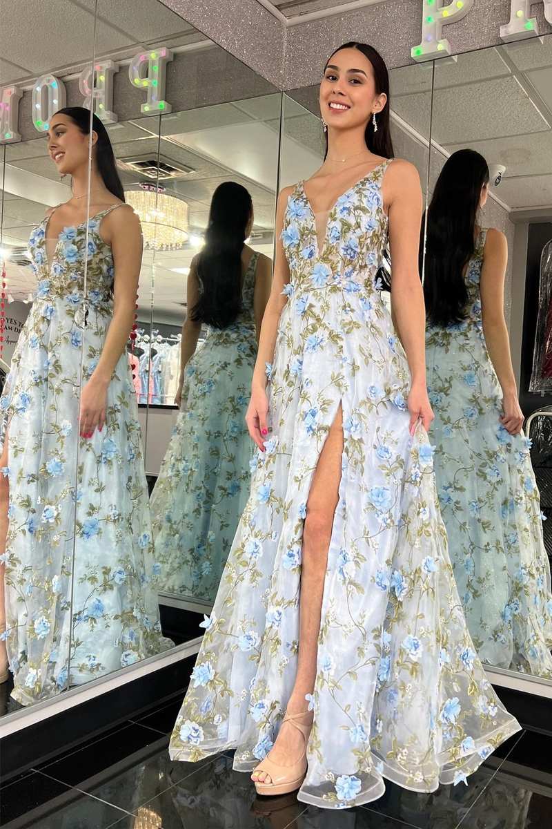 Light Blue Organza Plunge V A-Line Long Prom Dress with 3D Floral Lace