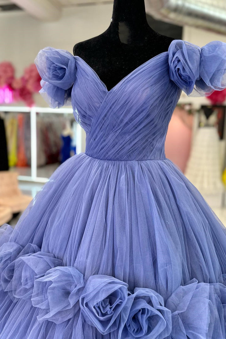 Periwinkle Tulle Off-the-Shoulder Ball Gown with Flowers