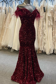 Wine Red Sequin Feather Straps Mermaid Long Prom Dress