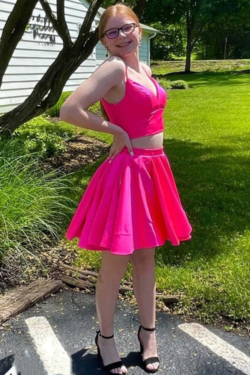 Two-Piece Neon Pink V-Neck A-Line Short Homecoming Dress