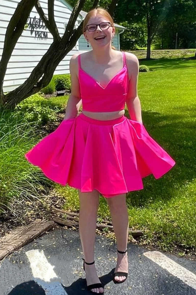 Two-Piece Neon Pink V-Neck A-Line Short Homecoming Dress – Modsele