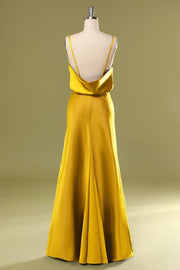 Gold Straps Cowl Back Bridesmaid Dress with Slit