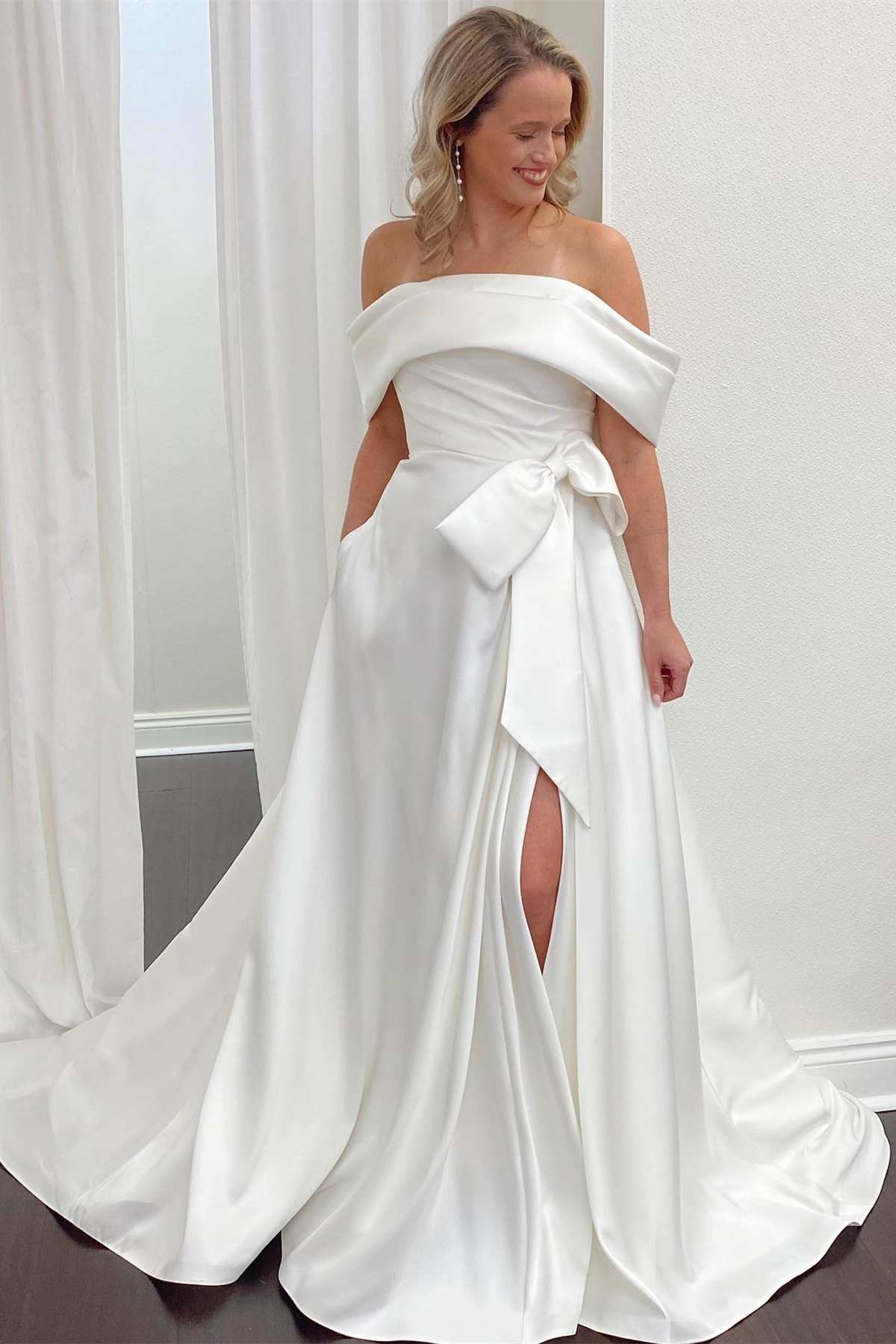 White Satin Off-the-Shoulder Bow A-Line Bridal Gown with Slit  Modsele
