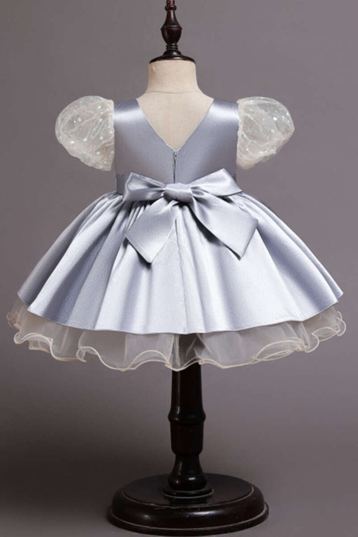 Wine Red Sequin Puff Sleeve Bow Girl Ball Gown