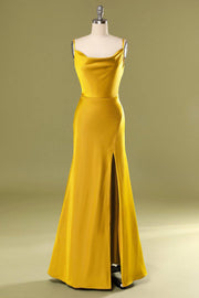 Gold Straps Cowl Back Bridesmaid Dress with Slit