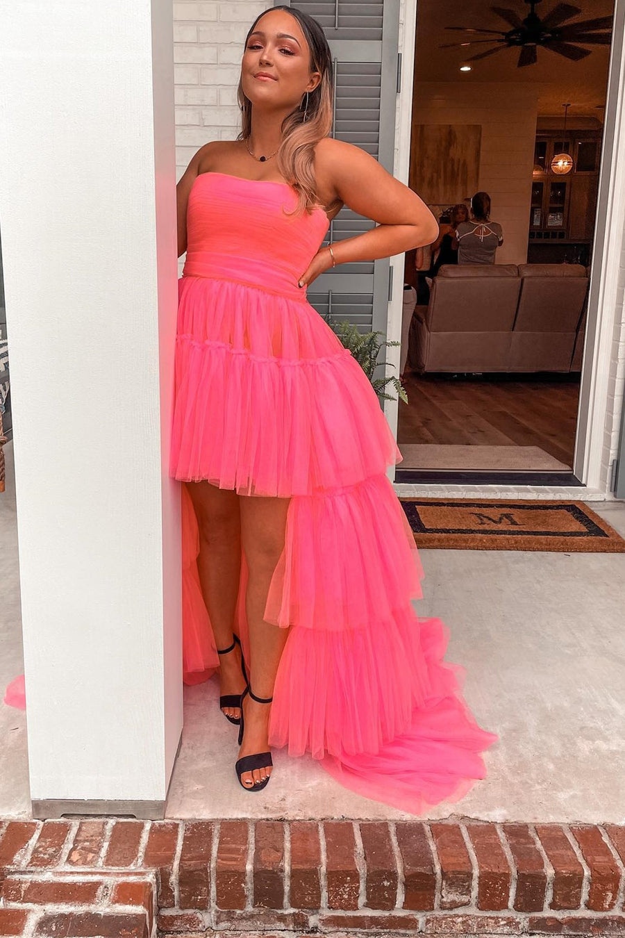 Pink Strapless High-Low Tiered Prom Dress
