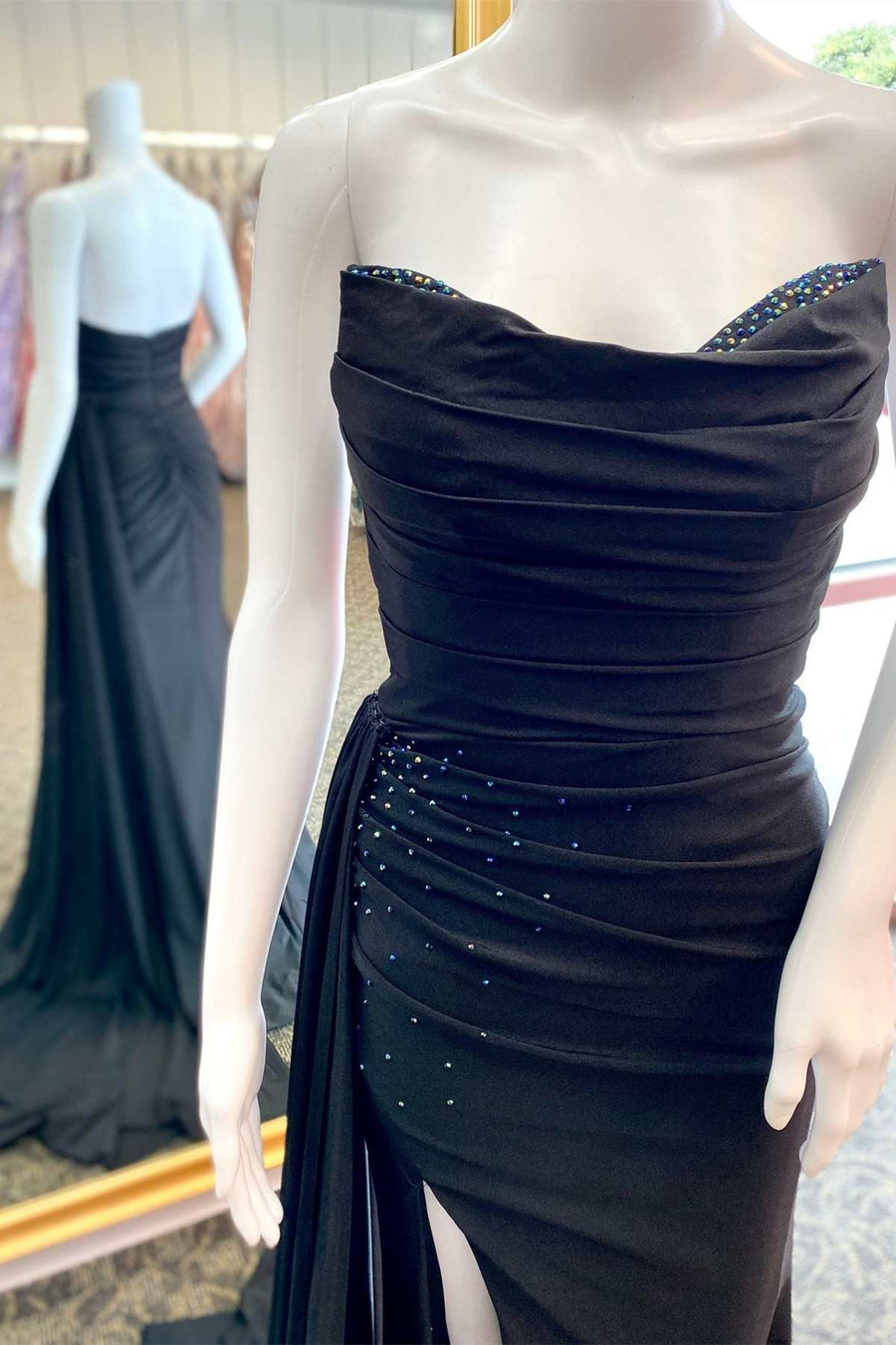 Black Beaded Strapless Ruched Long Formal Dress with Attached Train