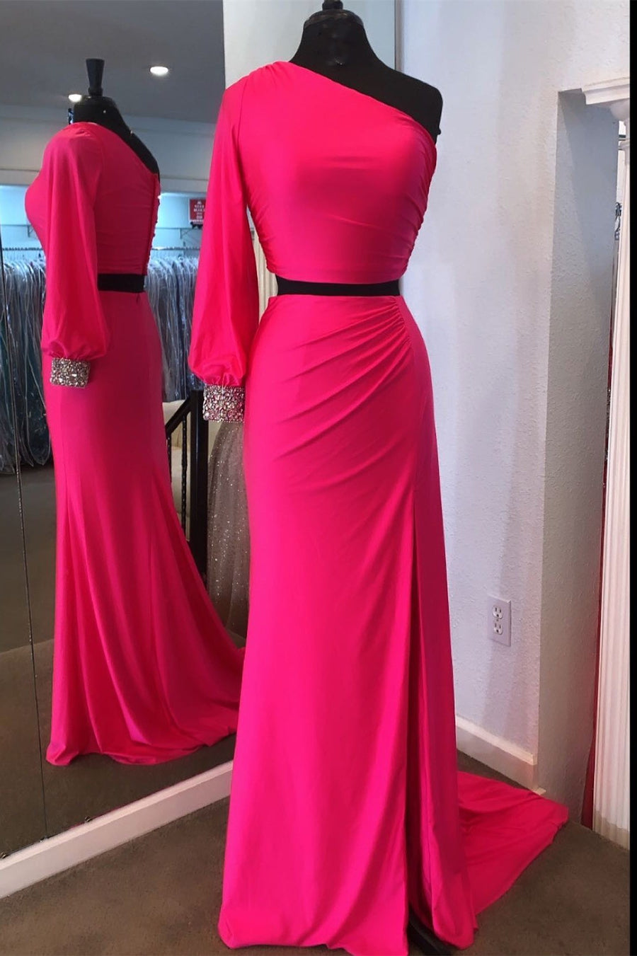 Neon Pink One-Shoulder Two-Piece Mermaid Long Formal Dress