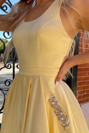 Yellow Round Neck Cutout Back A-Line Formal Dress with Rhinestones