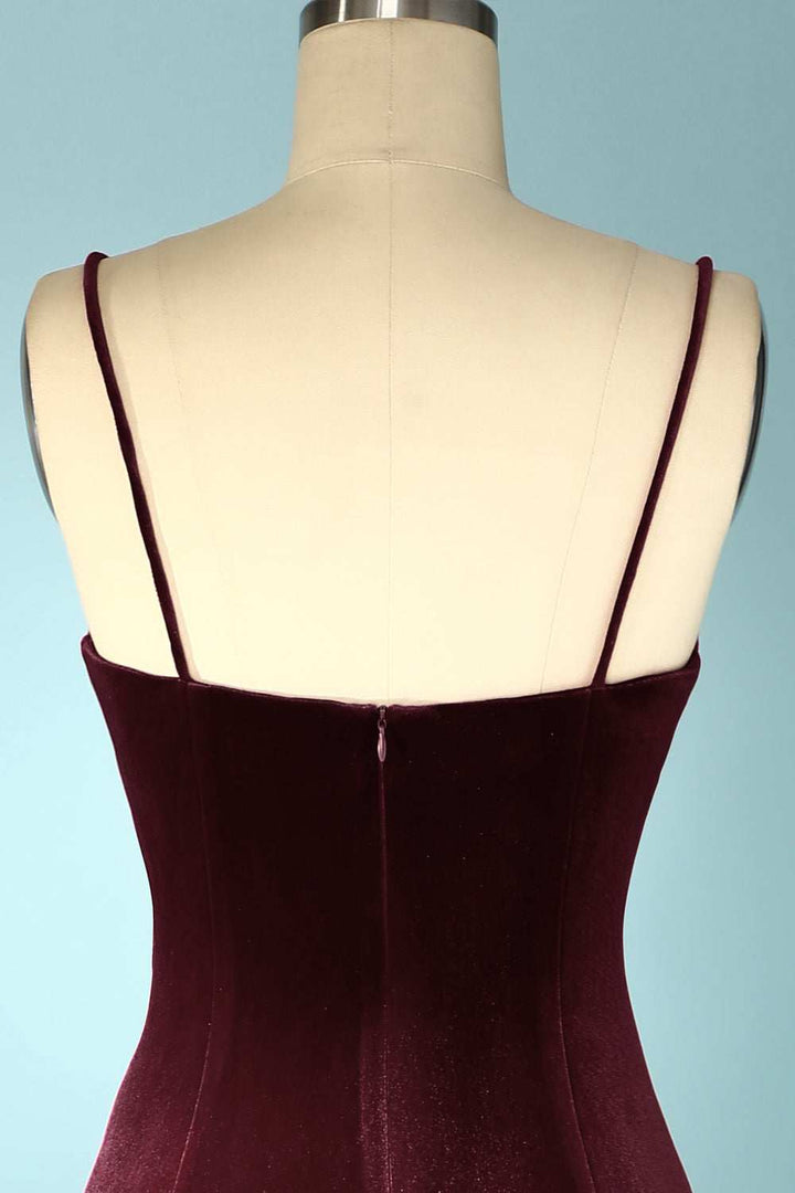 Burgundy Velvet V-Neck Straps Long Bridesmaid Dress with Slit