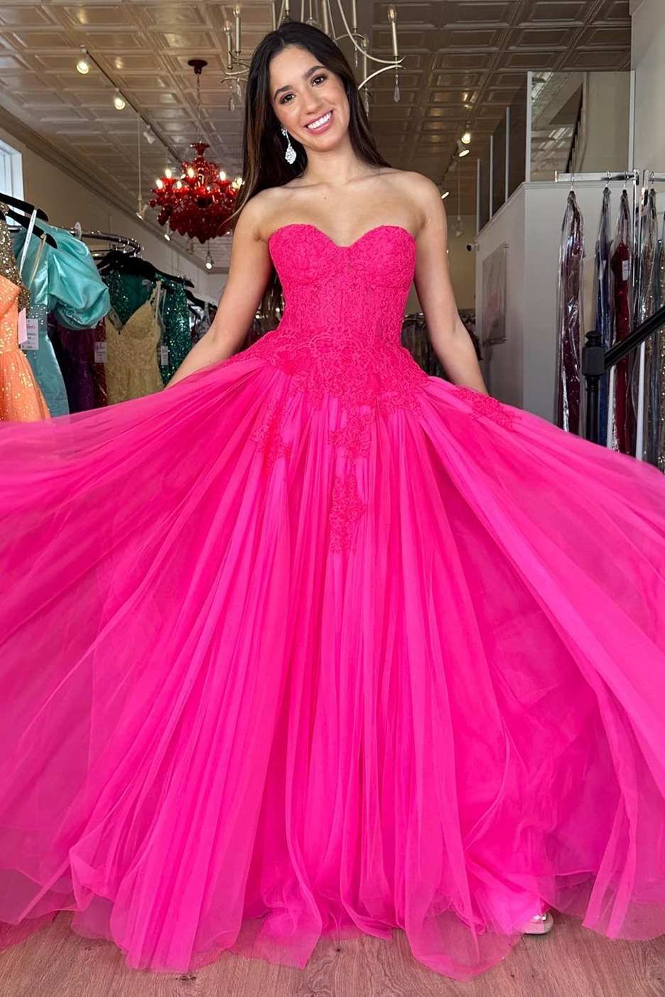 Hot Pink Tulle Lace Strapless A-Line Long Prom Dress