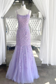 Elegant Lavender Lace Applique Trumpet Long Prom Dress