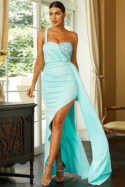 Aqua Satin and Sequin Spliced Long Prom Dress with Slit