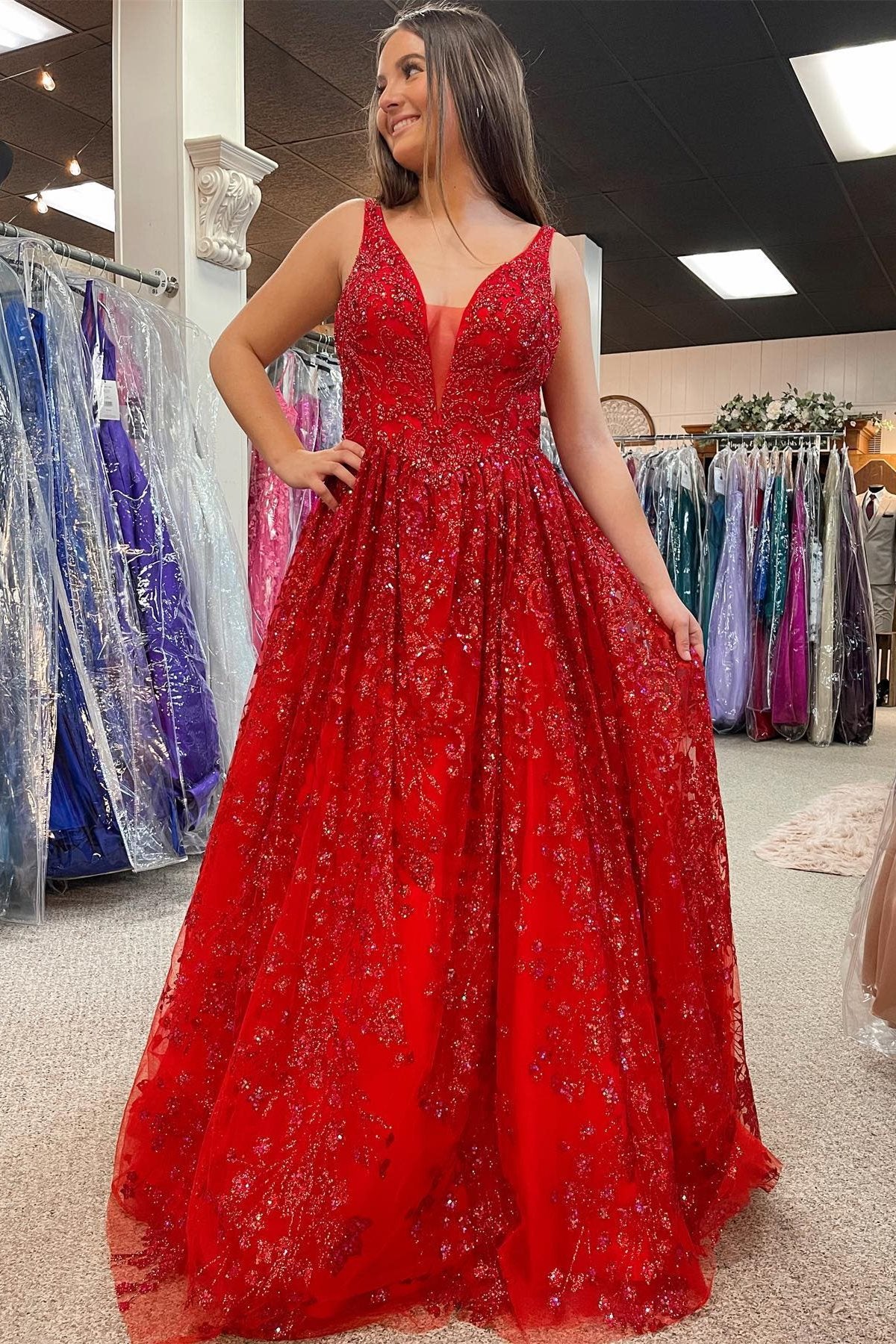 Red Beaded Plunge V Backless A-Line Prom Gown