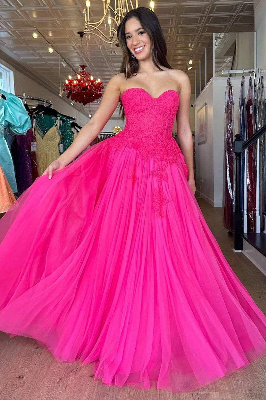 Hot Pink Tulle Lace Strapless A-Line Long Prom Dress