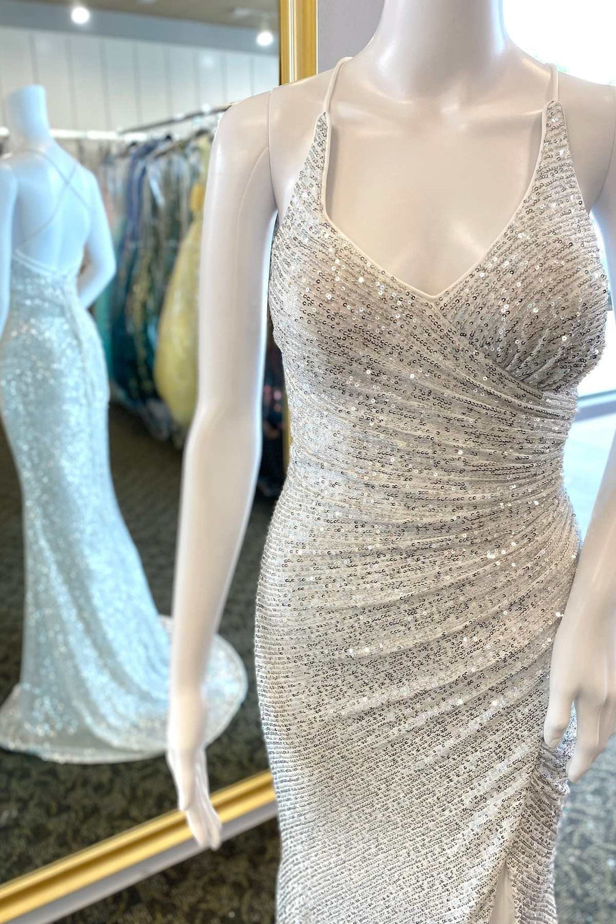 Silver Sequin Surplice Neck Lace-Up Mermaid Long Prom Dress
