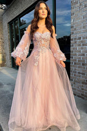 Pink Tulle Strapless A-Line Prom Dress with Balloon Sleeves