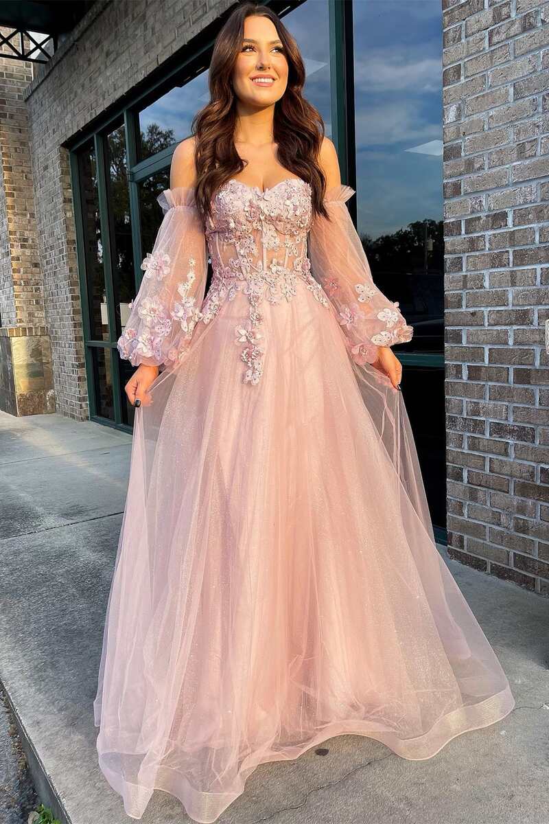 Pink Tulle Strapless A-Line Prom Dress with Balloon Sleeves Modsele Pink Tulle Strapless A-Line Prom Dress with Balloon Sleeves Modsele