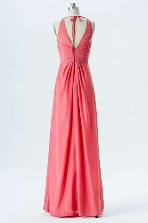 Coral Pink Sleeveless Backless Bridesmaid Dress