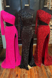 Sequins One-Sleeve Cutout Long Prom Dress with Slit