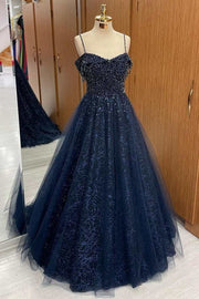 Navy Blue Beaded Straps A-Line Prom Dress