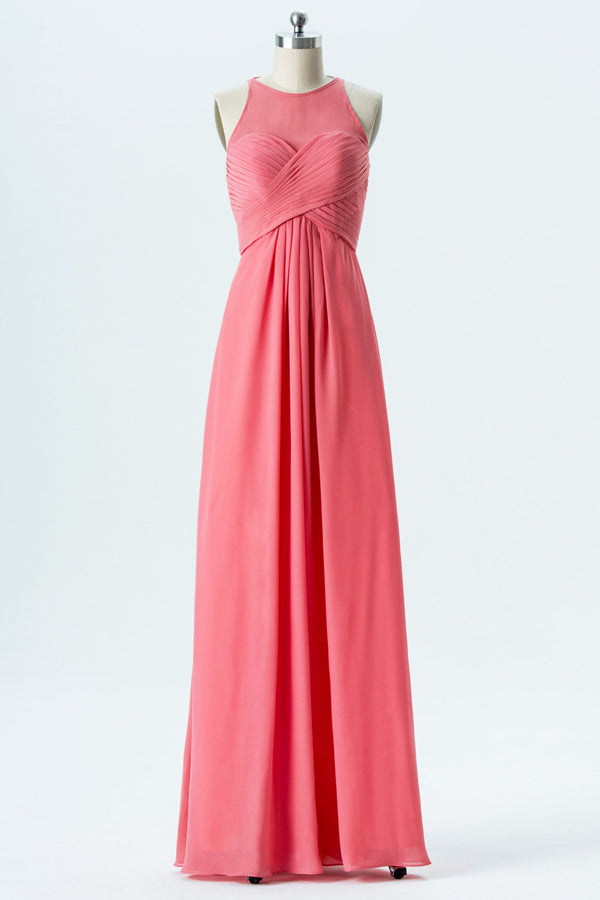 Coral Pink Sleeveless Backless Bridesmaid Dress