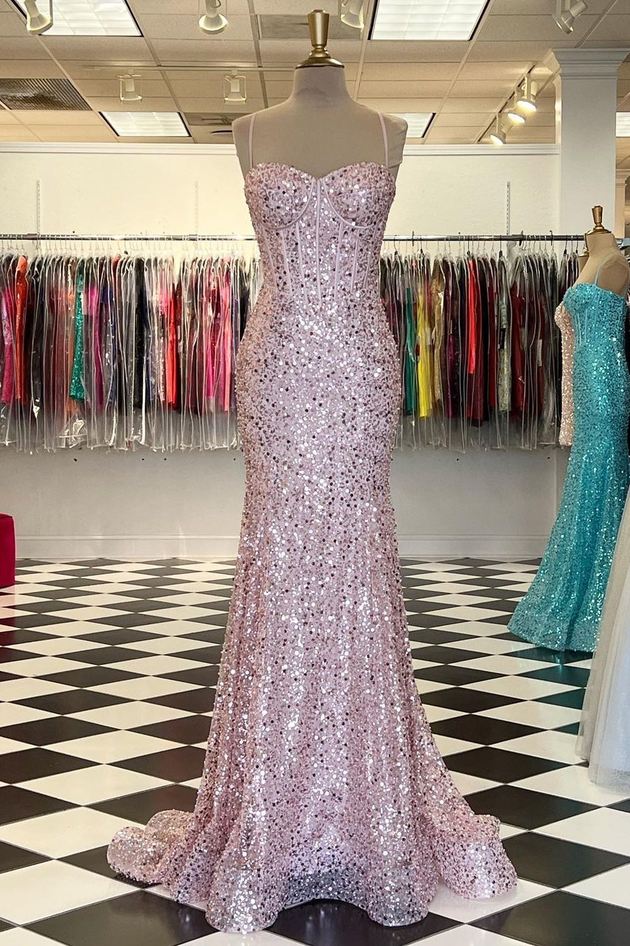 Pink Sequin Sweetheart Mermaid Long Prom Dress – Modsele
