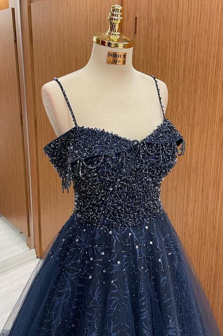 Navy Blue Beaded Straps A-Line Prom Dress