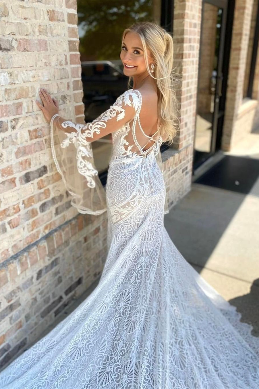 White Lace Plunge Long Sleeve Mermaid Long Wedding Dress
