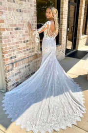 White Lace Plunge Long Sleeve Mermaid Long Wedding Dress