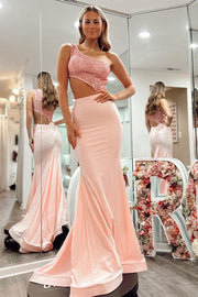 One-Shoulder Pink Sequin Cutout Trumpet Long Prom Dress