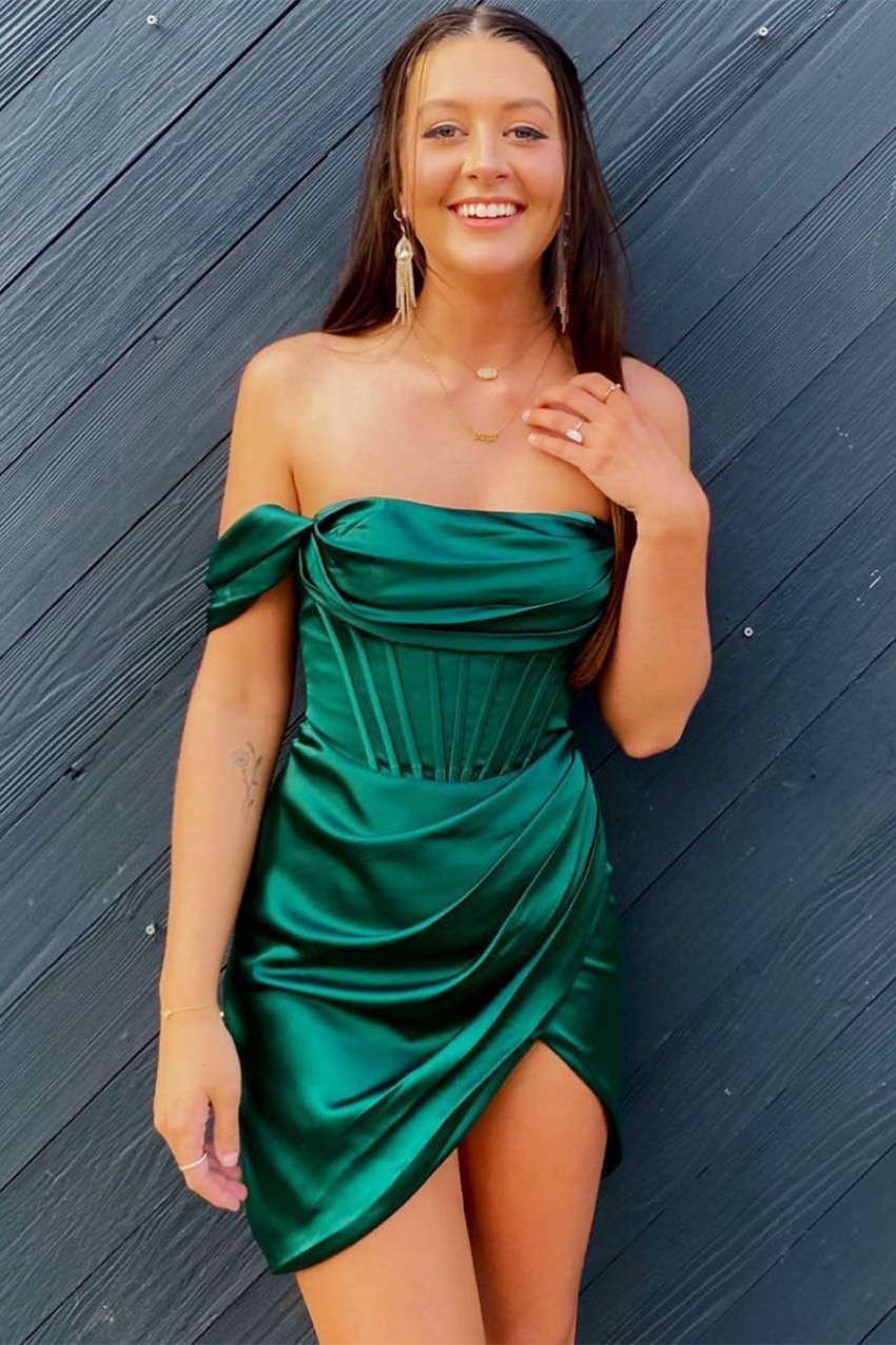 Green Off-the-Shoulder Ruched Cocktail Gown