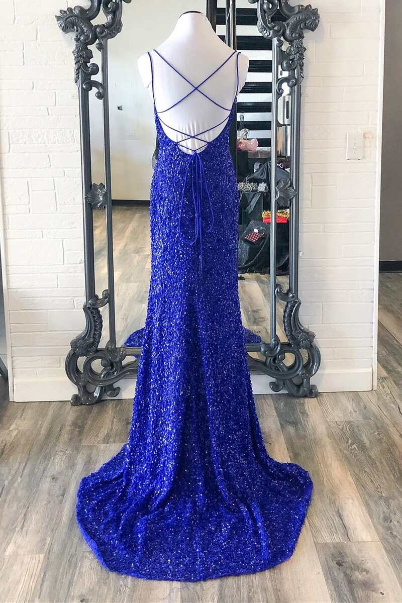 Royal Blue Sequin Double Straps Mermaid Long Formal Dress