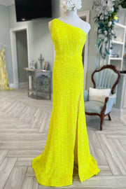Yellow Sequin Fringe One-Shoulder Long Prom Dress with Slit