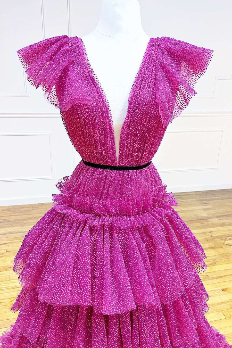 Magenta Plunge Neck A-Line Tiered Ball Gown with Ruffles