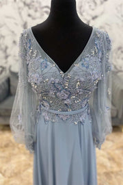 Grey Blue V-Neck Long Sleeve Beaded Mother of the Bride Dress
