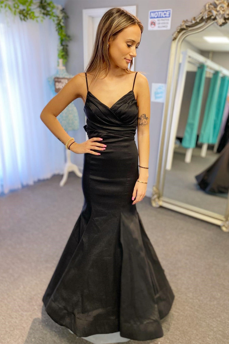 Black Surplice Pleated Straps Long Prom Dress with Bow