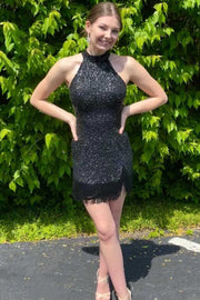 Black Sequins Halter Tassel Mini Party Dress