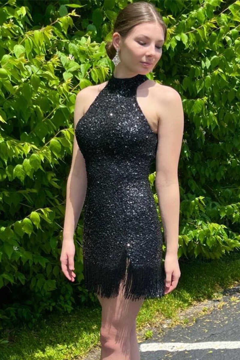 Black Sequins Halter Tassel Mini Party Dress Modsele Black Sequins Halter Tassel Mini Party Dress Modsele