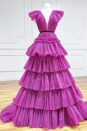 Magenta Plunge Neck A-Line Tiered Ball Gown with Ruffles