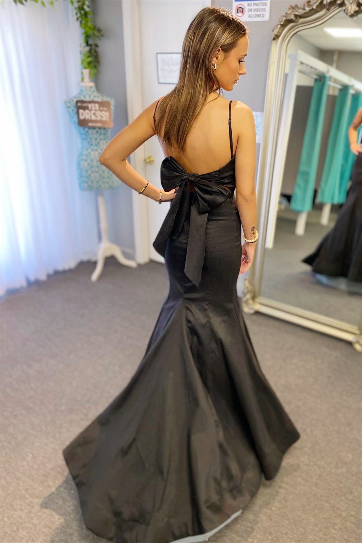 Black Surplice Pleated Straps Long Prom Dress with Bow