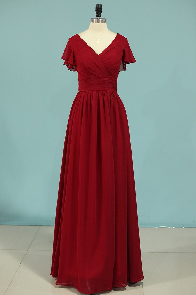 Red V-Neck Ruffled A-Line Long Bridesmaid Dress