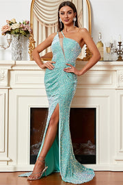Aqua Sequin One-Shoulder Keyhole Mermaid Long Prom Dress with Slit
