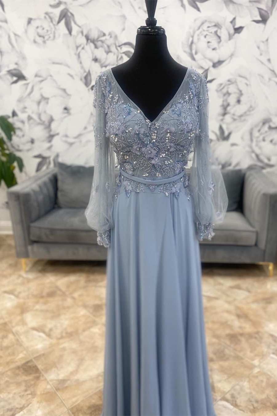 blue grey mother of the bride dresses Dusty Blue Crepe Satin Mother of the Bride Dress 2025 Half Sleeves 12 / Light Grey main image 1
