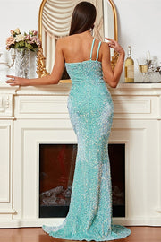 Aqua Sequin One-Shoulder Keyhole Mermaid Long Prom Dress with Slit